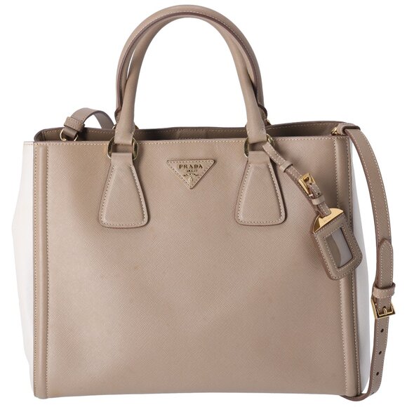 PRADA Triangle Logo Tote Bag Gray Beige White Saffiano Leather - Picture 1 of 9